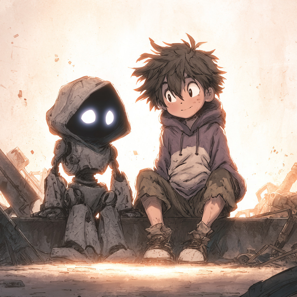Henry sits beside Echo on a junkyard beam, both lit by warm evening light.